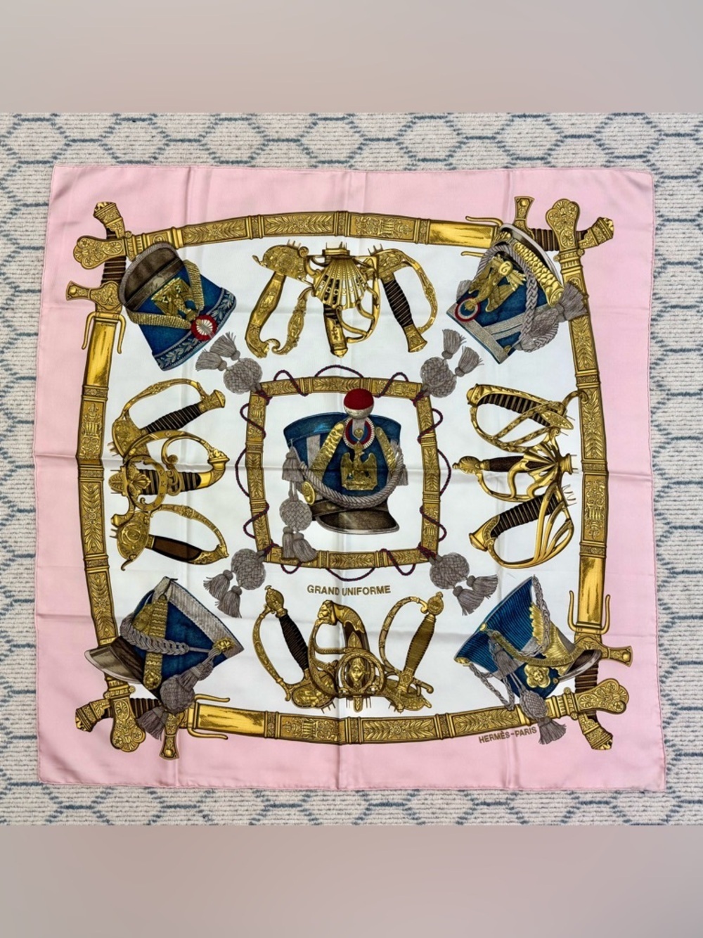 HERMES Vintage Rare Collectors Carre 90 “Grand Uniforme” 100% Silk Pink Scarf